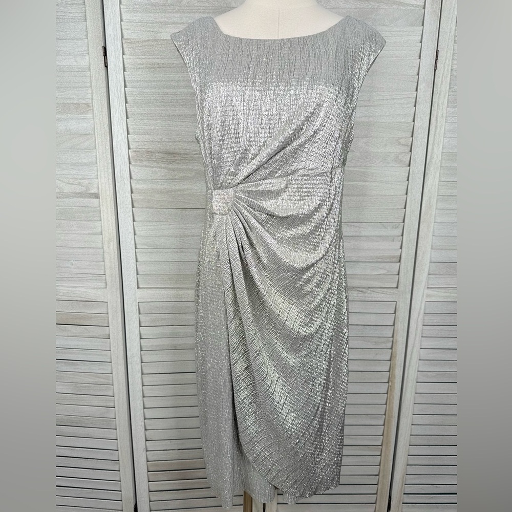 DRESS BARN (Collection) Silver Sleeveless Cocktail Dress with Draped Front-12